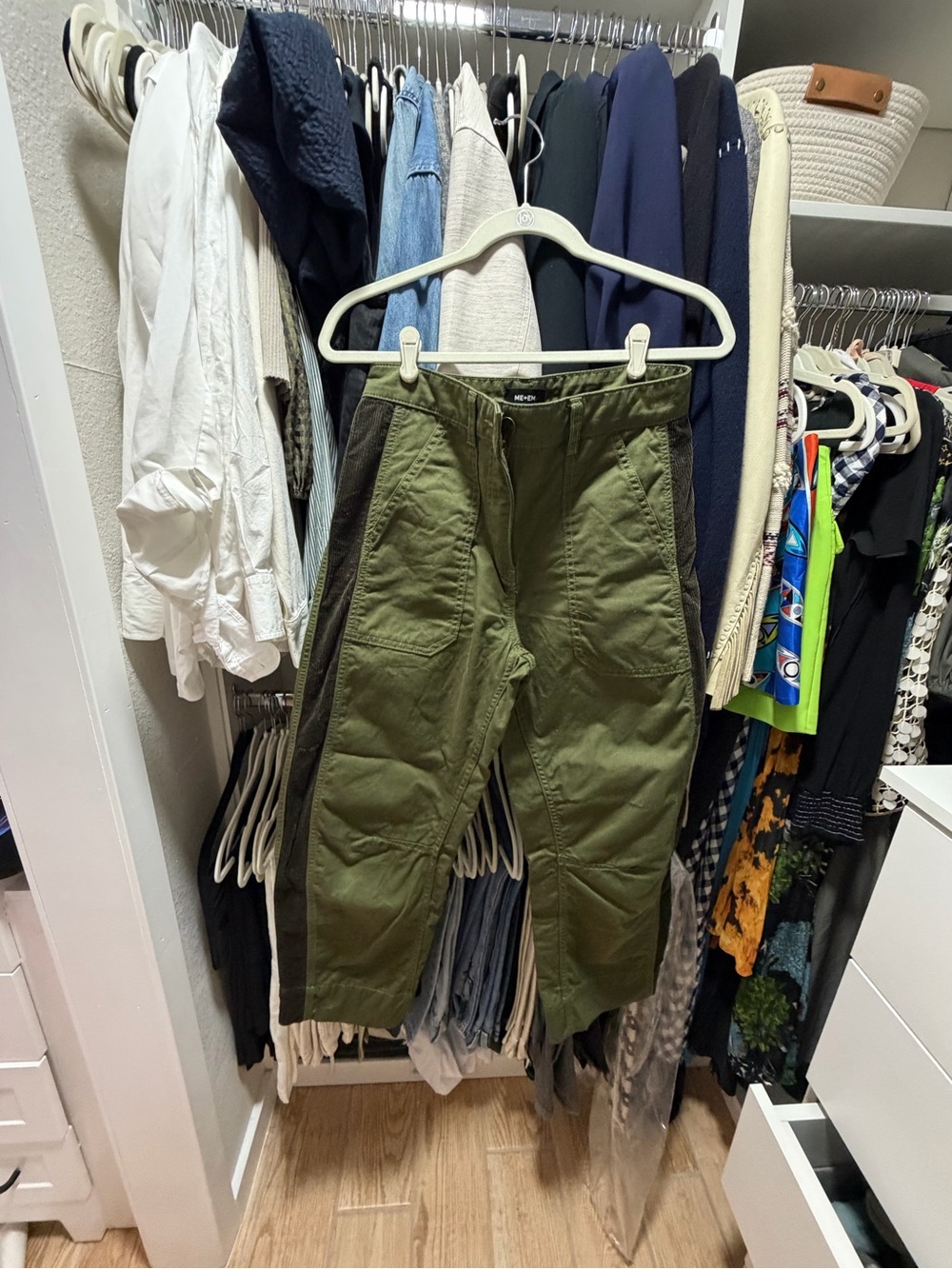 ME+EM Olive Green Cropped Cargo Trousers with Dark Side Panels